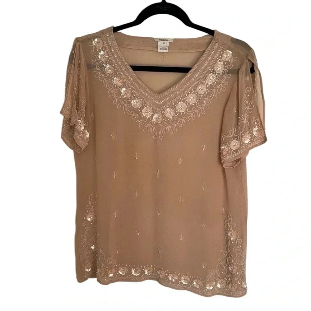 Sundance Peach Nude Sheer Beaded Blouse Size Medium Festival Fairycore